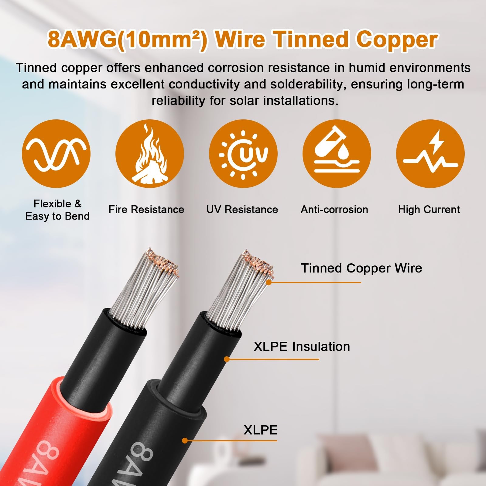 8AWG Solar Cable 15FT Solar Panel Extension Cord PV Wire Flame Retardant Waterpr