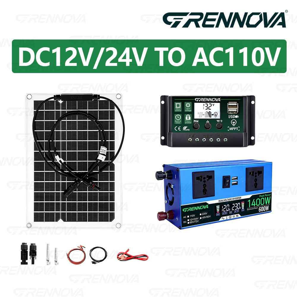 Grennova 1400W Solar System 50W Panel 12/24V To 110/220V Inverter 60A Controller