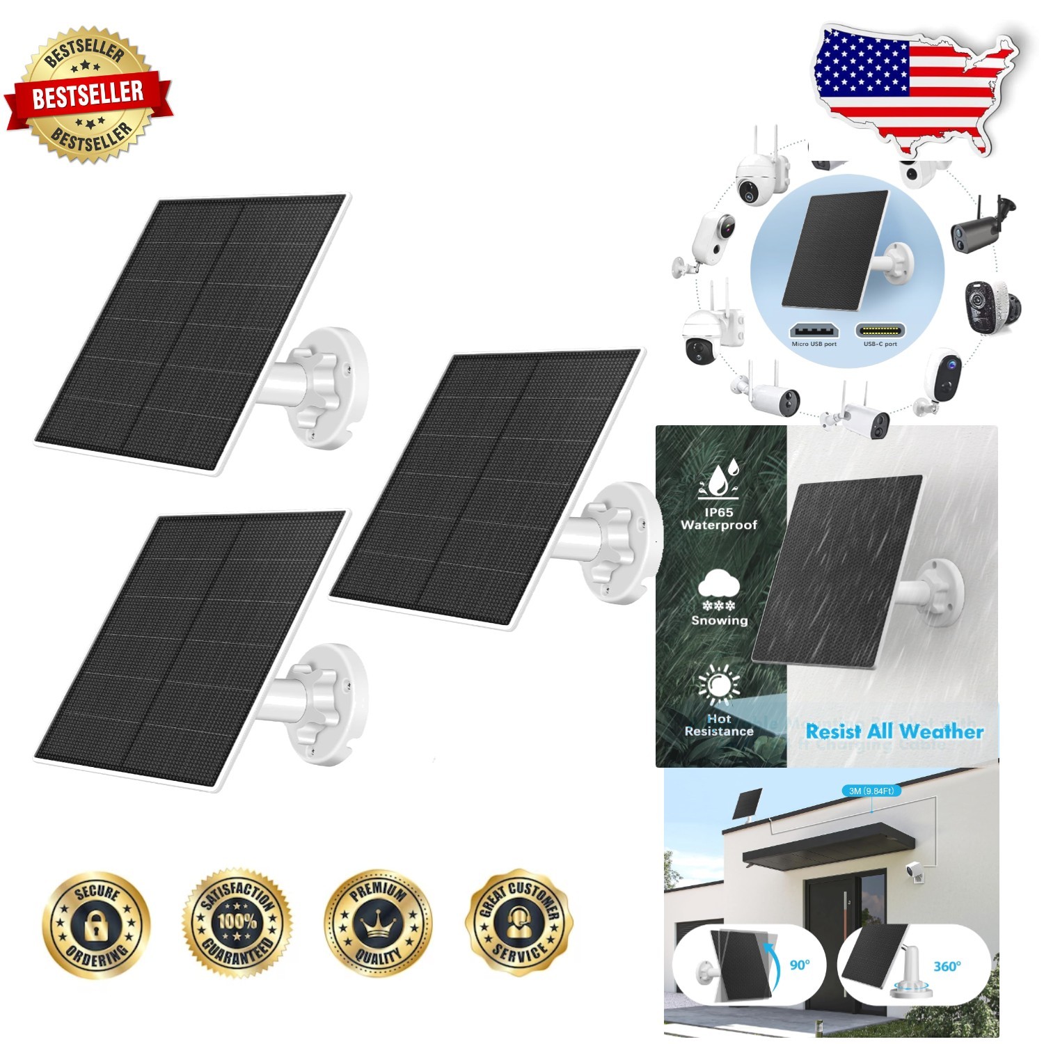 Outdoor Security Camera Solar Panel Charger, 5W, USB C/Micro USB, Waterproof