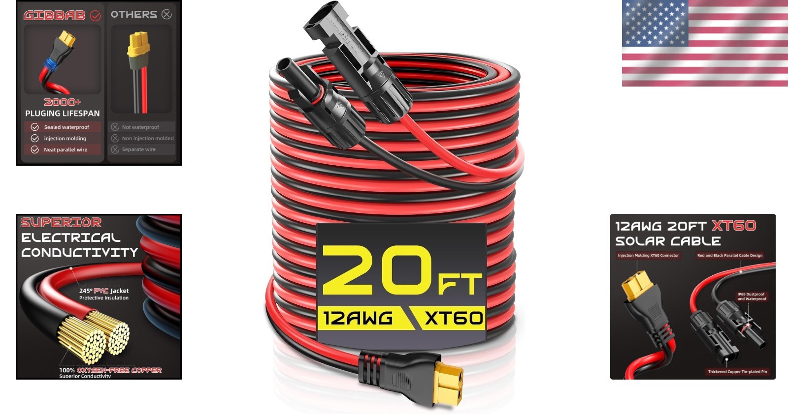 20FT 12AWG XT60 Solar Charging Cable with Caps & Ties