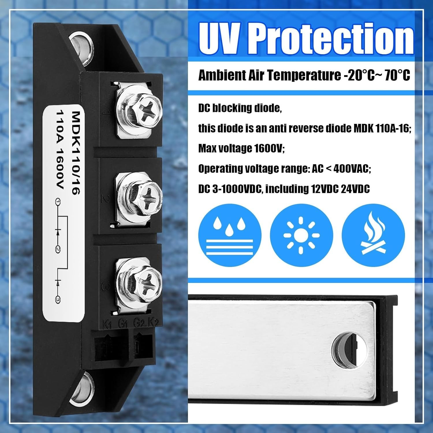 Solar Diode Anti Reverse Unidirectional Peak Voltage 1600V DC Blocking Set of 2