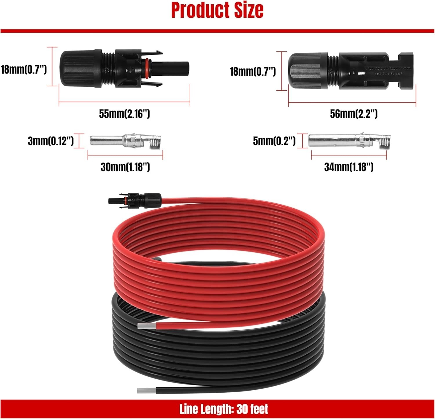Solar Panel Extension Cable for RV,Boat with Waterproof Connectors(10 AWG-30Ft)