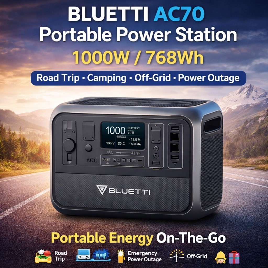 BLUETTI AC70 1000W 768Wh Portable Power Station Solar Generator for Fishing/Trip