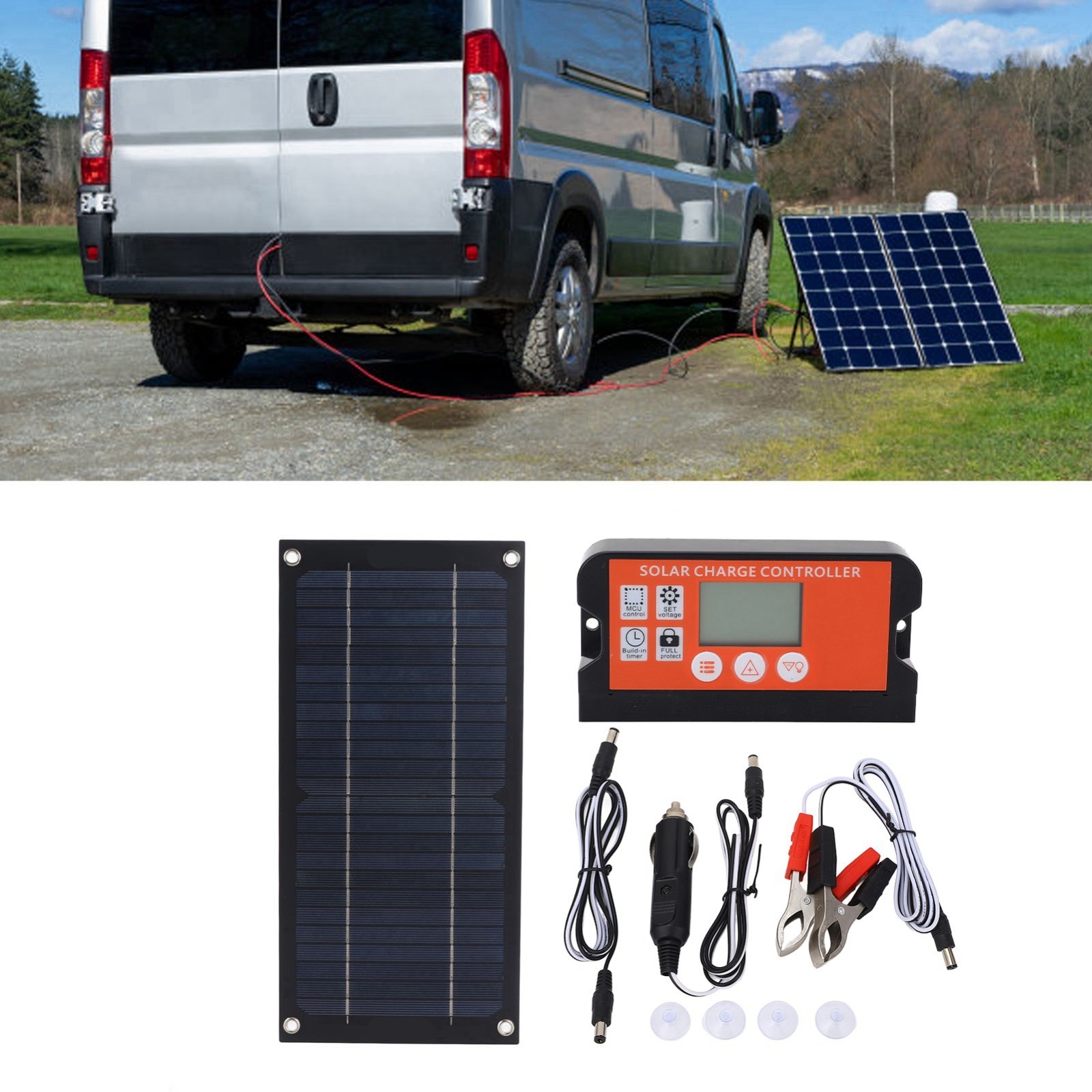 Solar Panel Charger with 100A Controller, Extension Cable & Clips for RV Camping