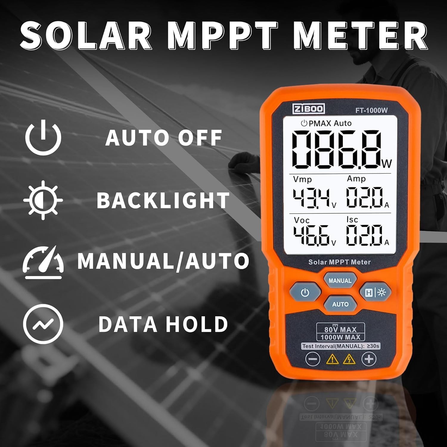 ZIBOO FT-1000W Solar Panel Tester MPPT Meter – 1000W Max Power,