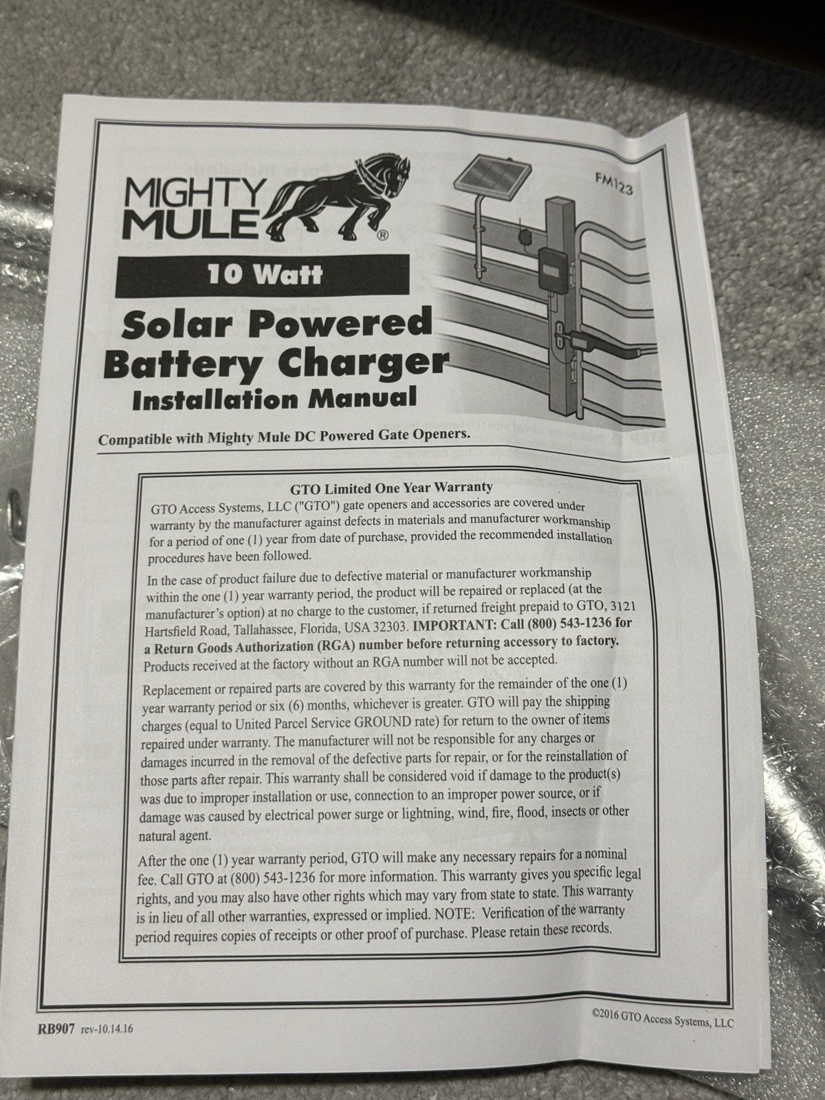 Genuine Mighty Mule Solar Panel Gate Opener FM123 10 Watt Solar Panel – Unused