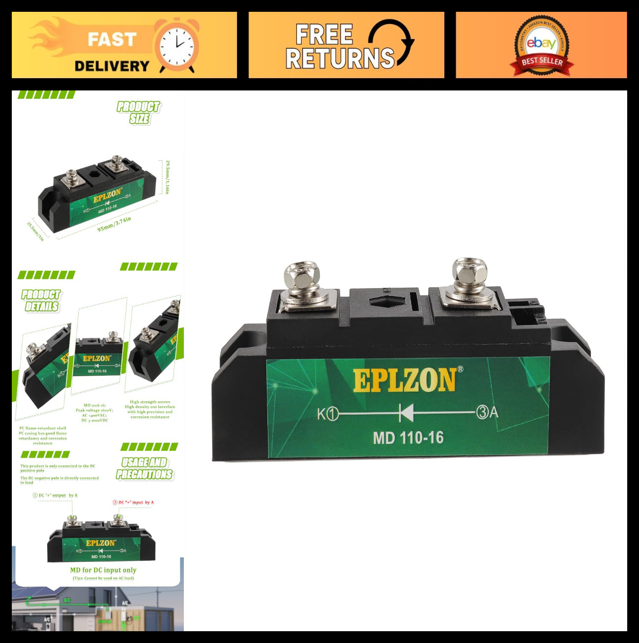 “1600V Solar Blocking Diode – One Way Reverse Diode for Charge Controllers & PV
