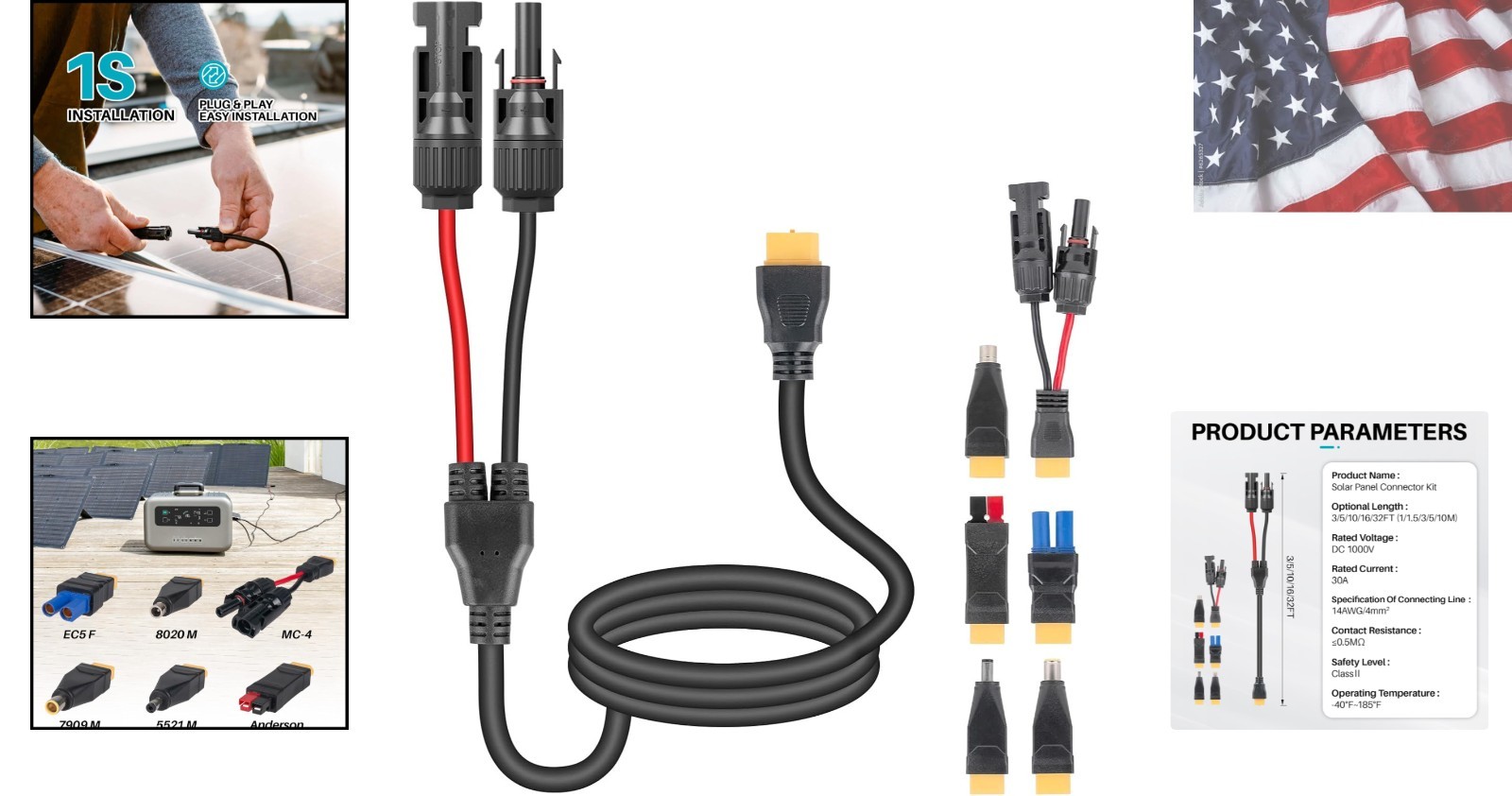 6-in-1 Solar Panel Connector Cable Kit, 14AWG Heavy-Duty Weatherproof Extensi…