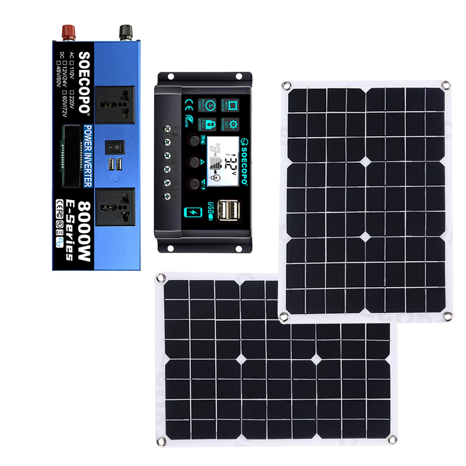 8000W Off-Grid Solar (12V/24V to 110V/220V) 2pcs Solar Panels,Charge Controller