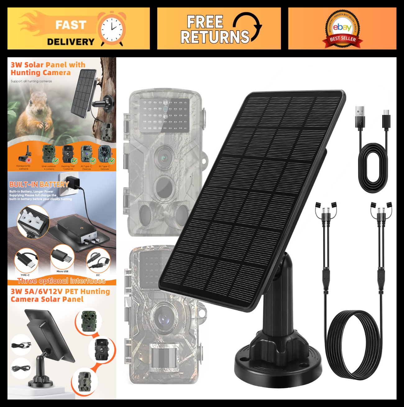 Solar Panel Kit for Trail Cameras – 3W, 5000mAh Battery, IP66 Waterproof, Huntin