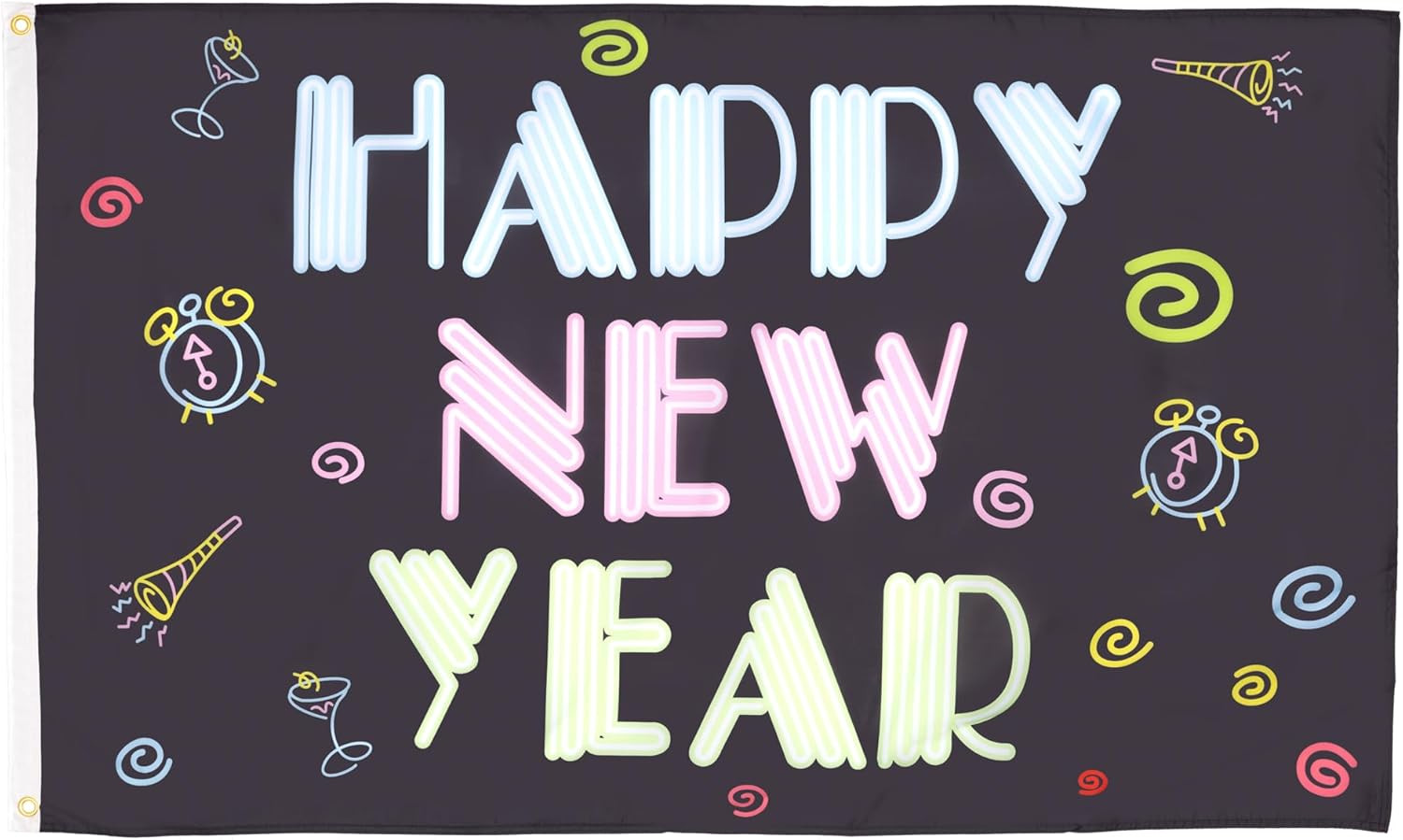 – Happy New Year (Neon) Flag – 3X5 Ft – 100D Polyester New Year Party Banner wit