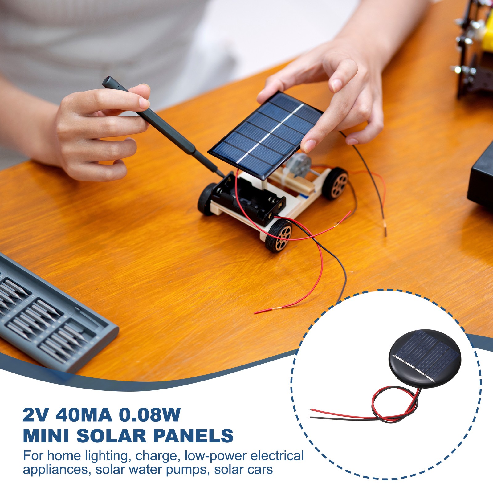 2 Pack 2V 0.08W 40mA Round Mini Solar Panels with Cable