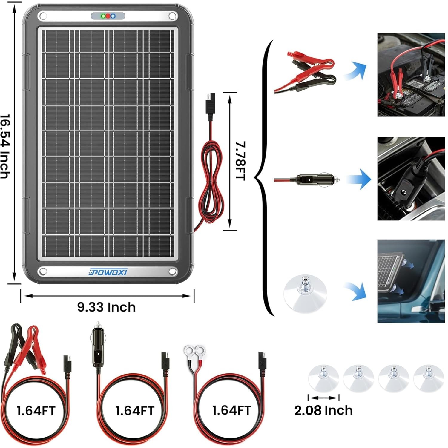 POWOXI 12V Solar Car Battery Charger 15W Solar Trickle Charger Maintainer with
