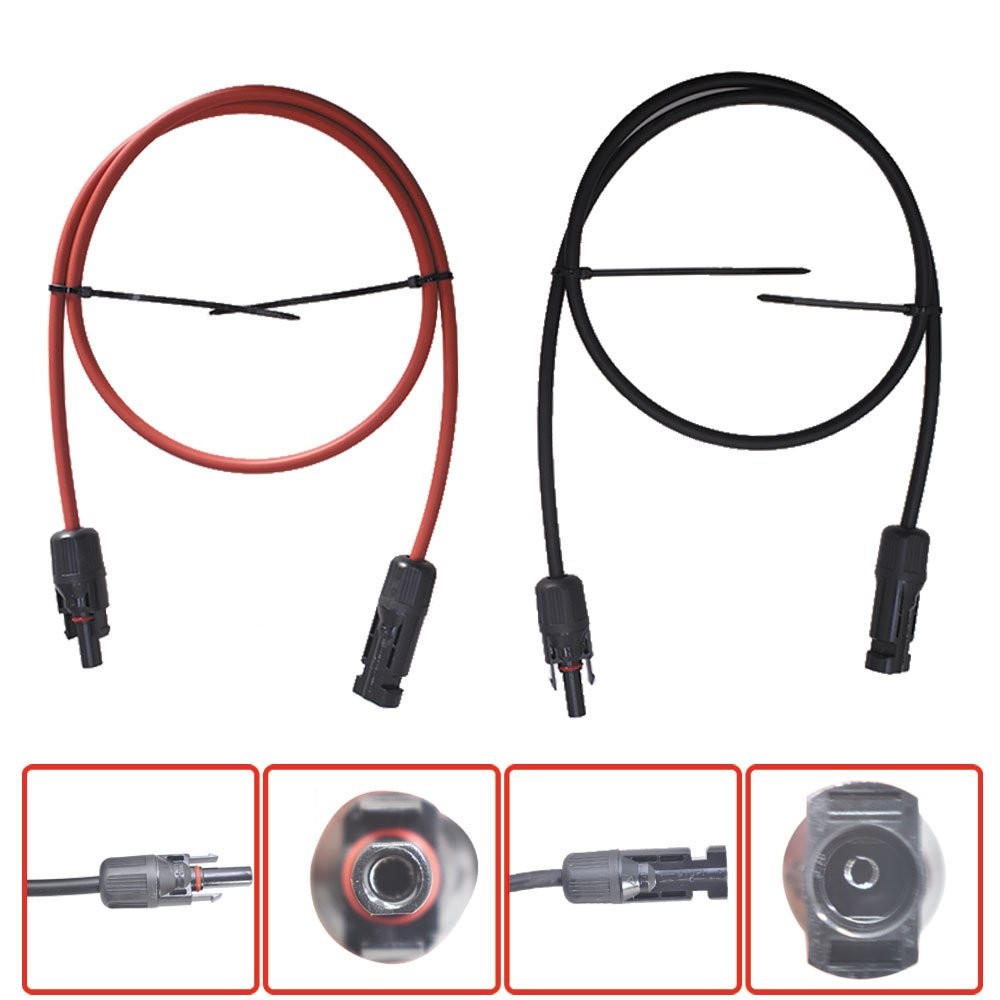 1 Pair 3 Feet Black + Red Solar Panel Extension Cable Wire Connector 10 AWG