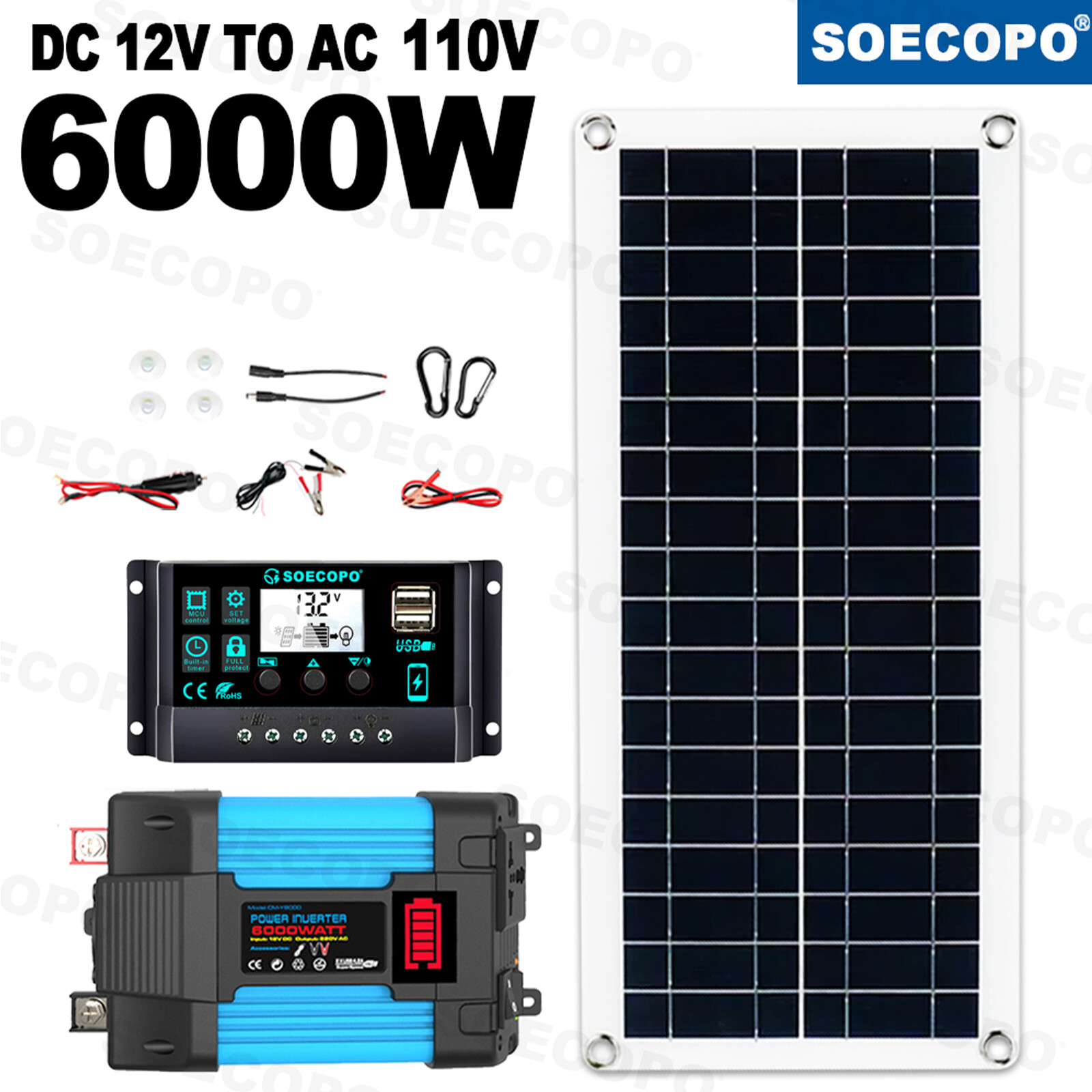 6000W Solar Panel Set Solar Power Inverter Generator 100A Home 110V Grid System