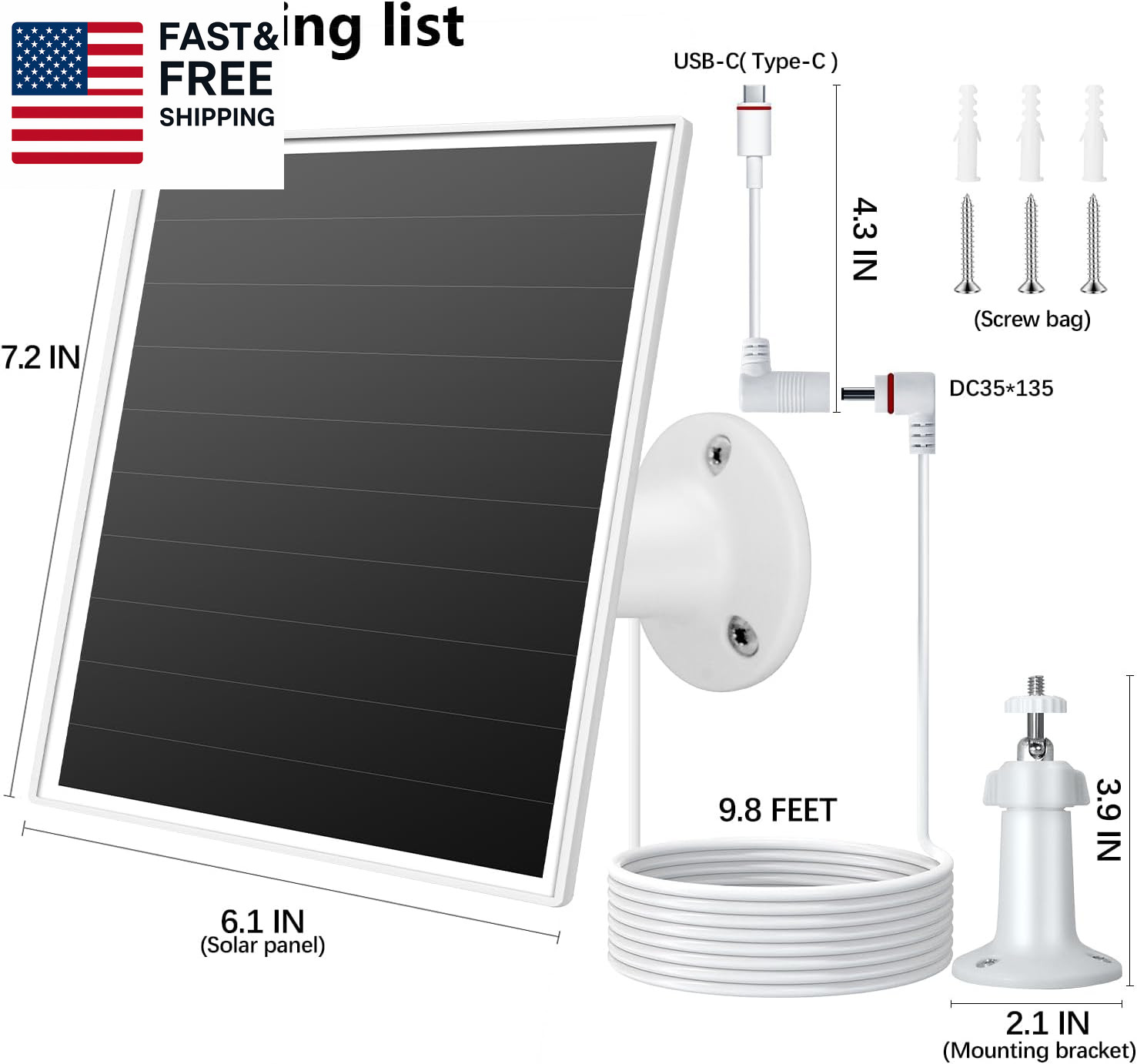 6W Solar Panel for Ring Camera, Solar Charger Compatible with Ring Spotlight/S