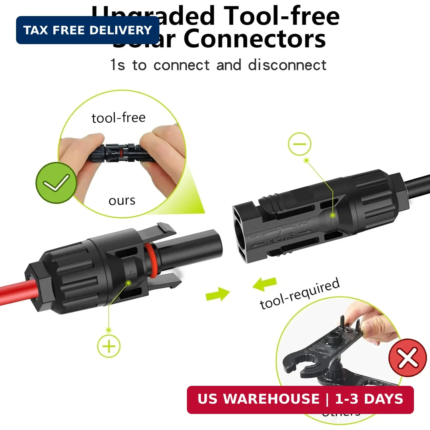 2 Pack Solar Connectors for 3 Solar Panels, Tool-Free Solar Panel Wires and Conn