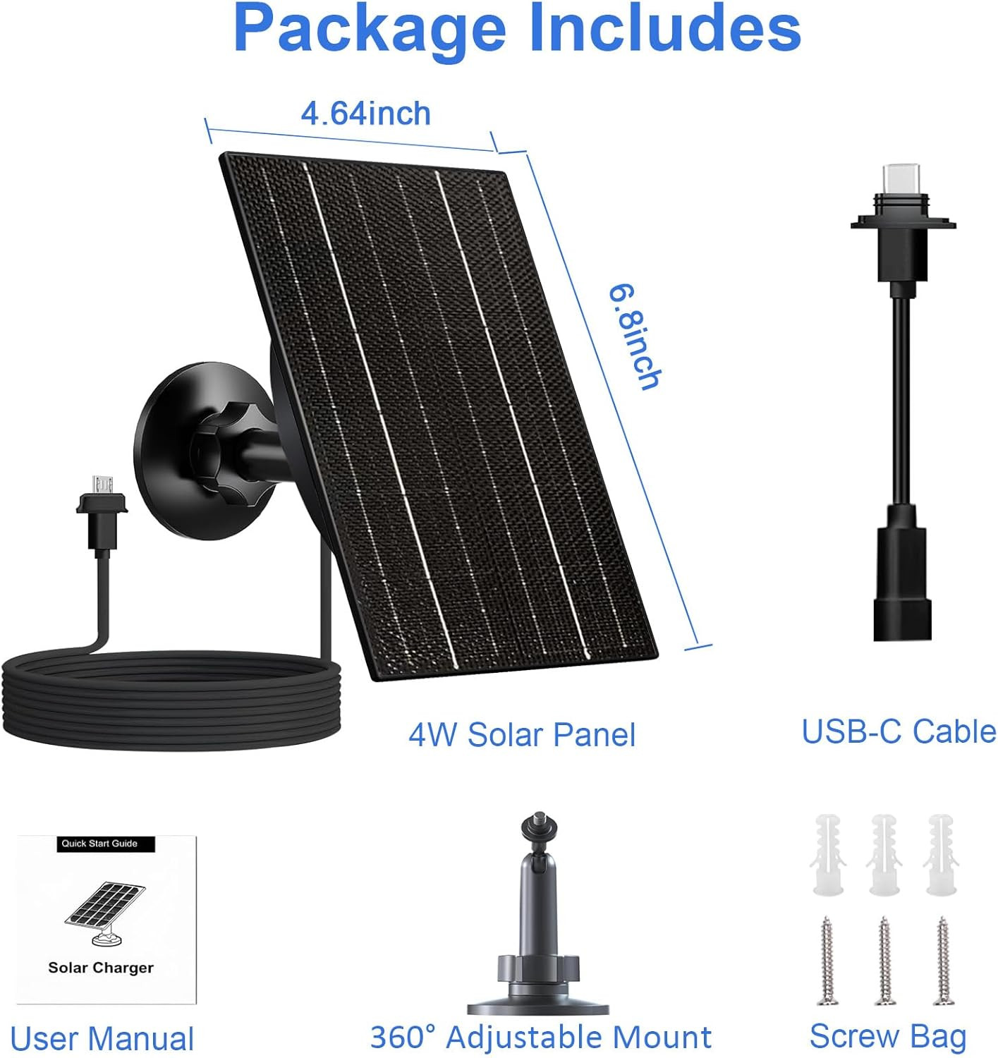 4W Solar Panel Blink Outdoor 4Th Gen/3Rd Gen/Xt/Xt2 Camera USB-C Micro USB Cable