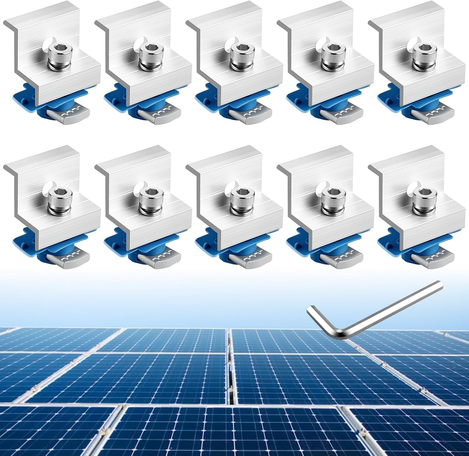 10PCS Solar Panel End Clamps Aluminum Mounting Brackets Kit Silver