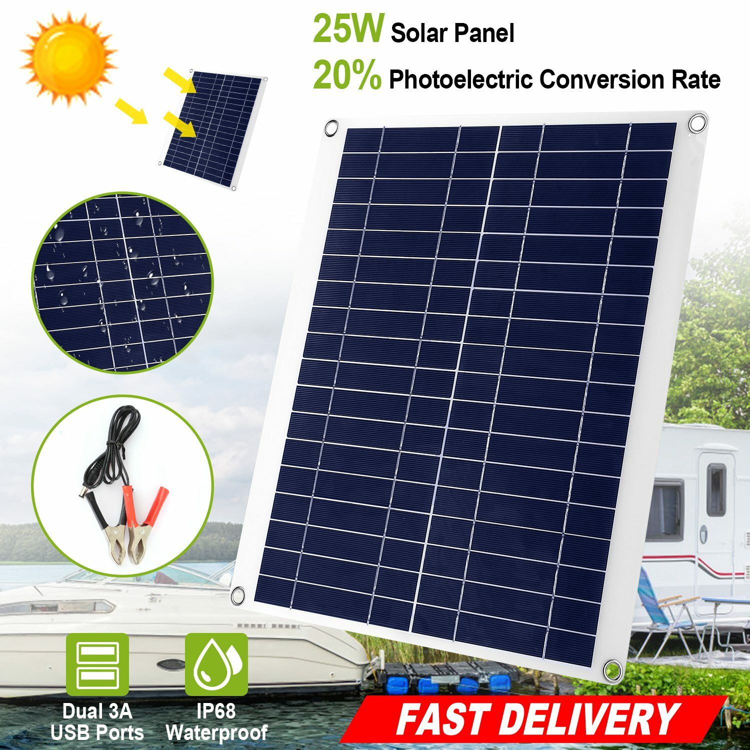 25W 12V Portable Solar Panel USB Port Battery Charger Car RV Boat Outdoor Travel