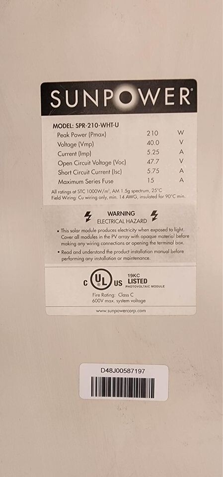 Solar Panels, high efficiency 210W Sunpower SPR-210-WHT-U FREE PICKUP