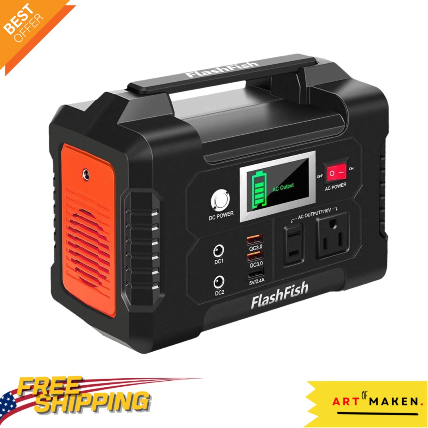 FlashFish 200W Power Station with 110V AC & USB for Camping & Emergency Backup
