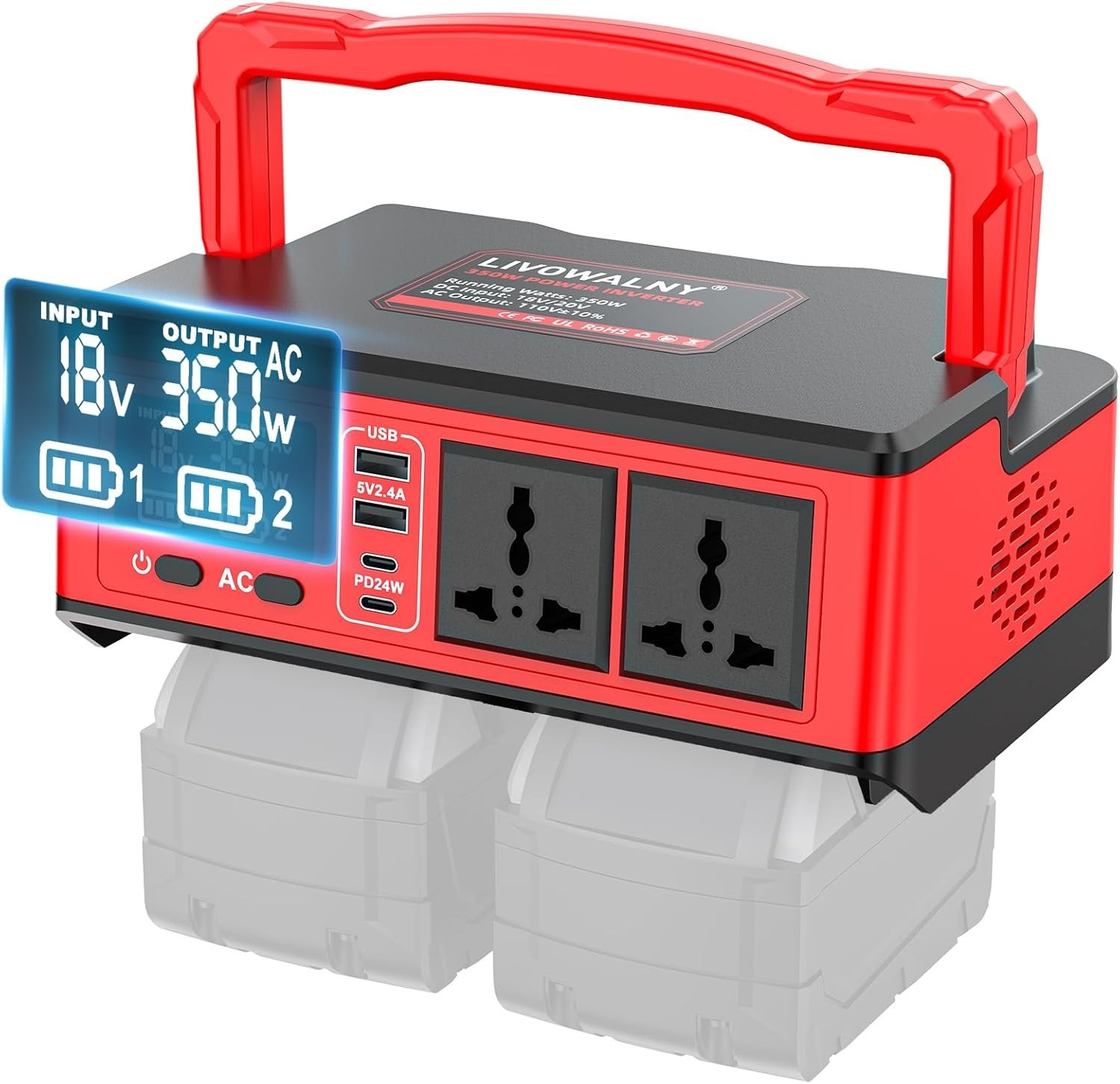 High-Value 350W Power Inverter: For Milwaukee 18V, 2 AC Outlets, 6-Port Charger