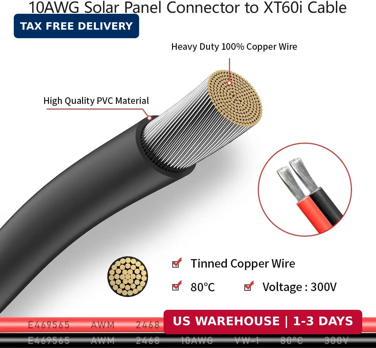 10AWG 2FT Solar to XT60i Cable 2 10 25 35 50 75 100FT Solar Connector to XT60i
