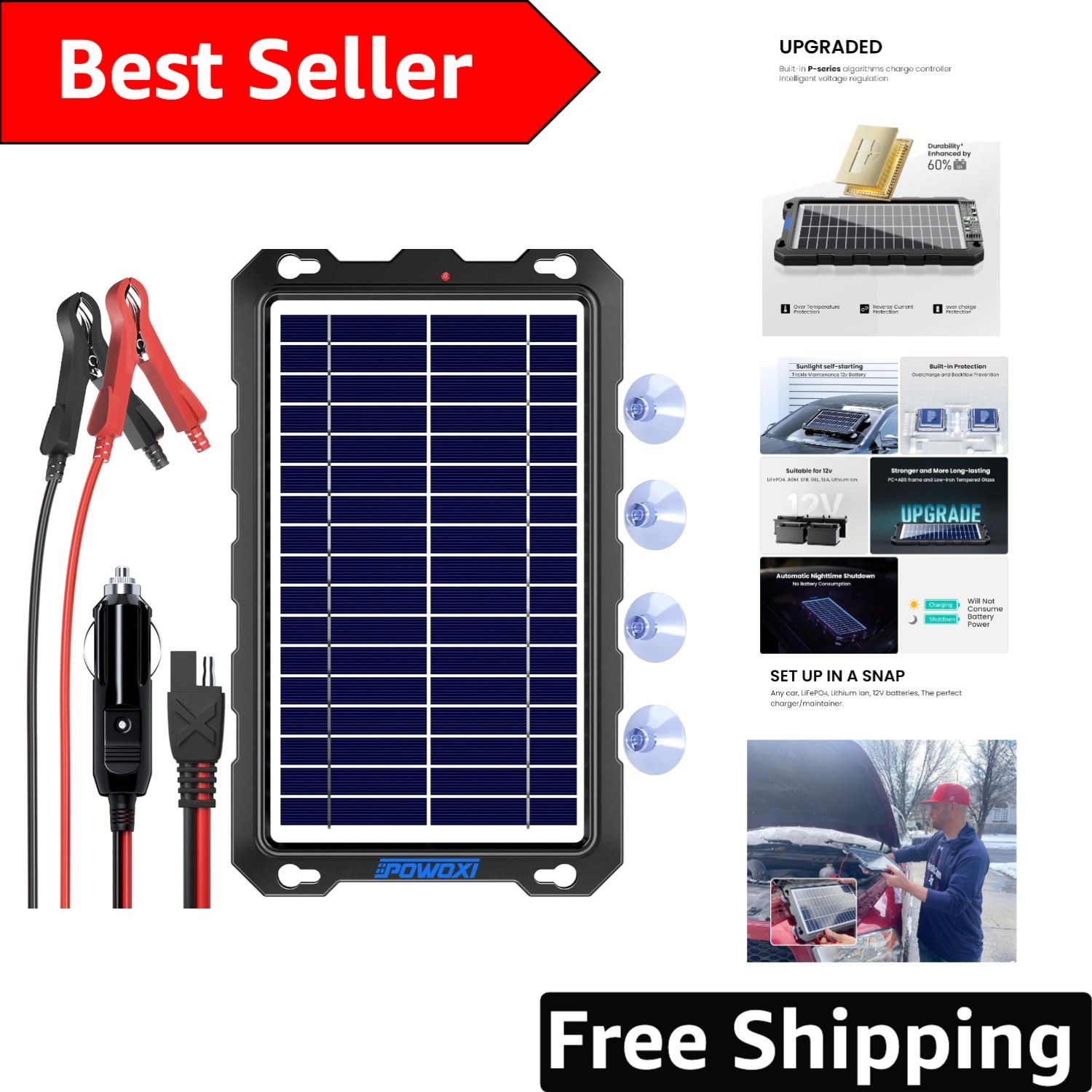 Waterproof 7.5W Solar Battery Maintainer with Smart Control for All Batteries