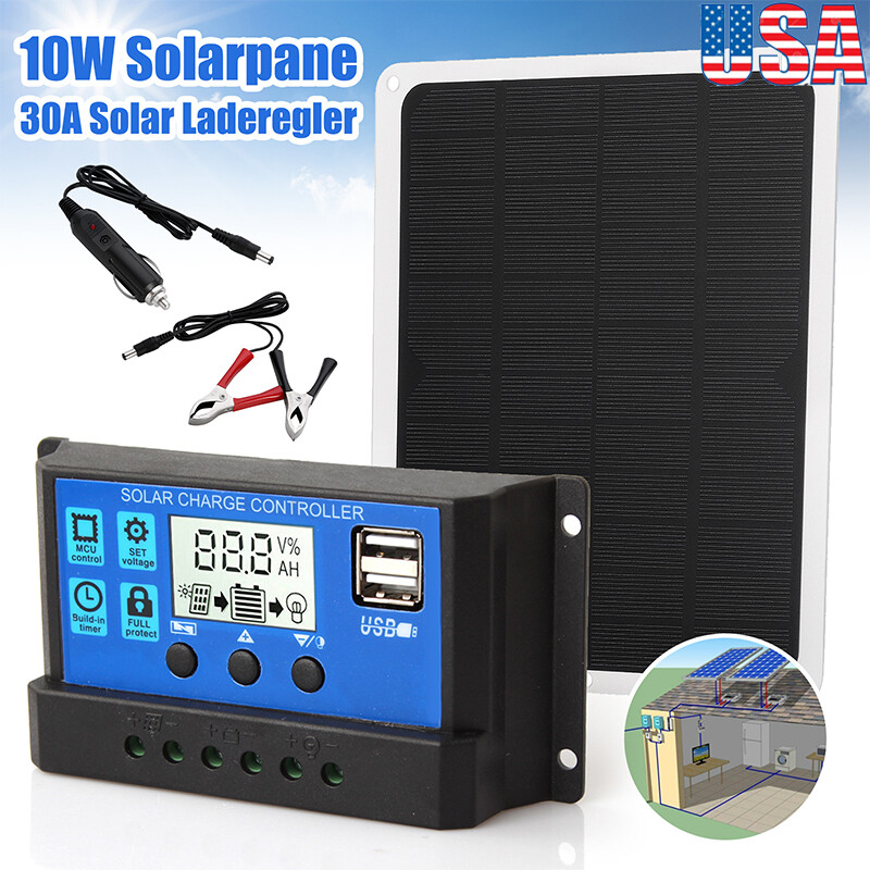 10W Solar Panel Kit Trickle Charger Battery Controller Maintainer Boat RV Car US