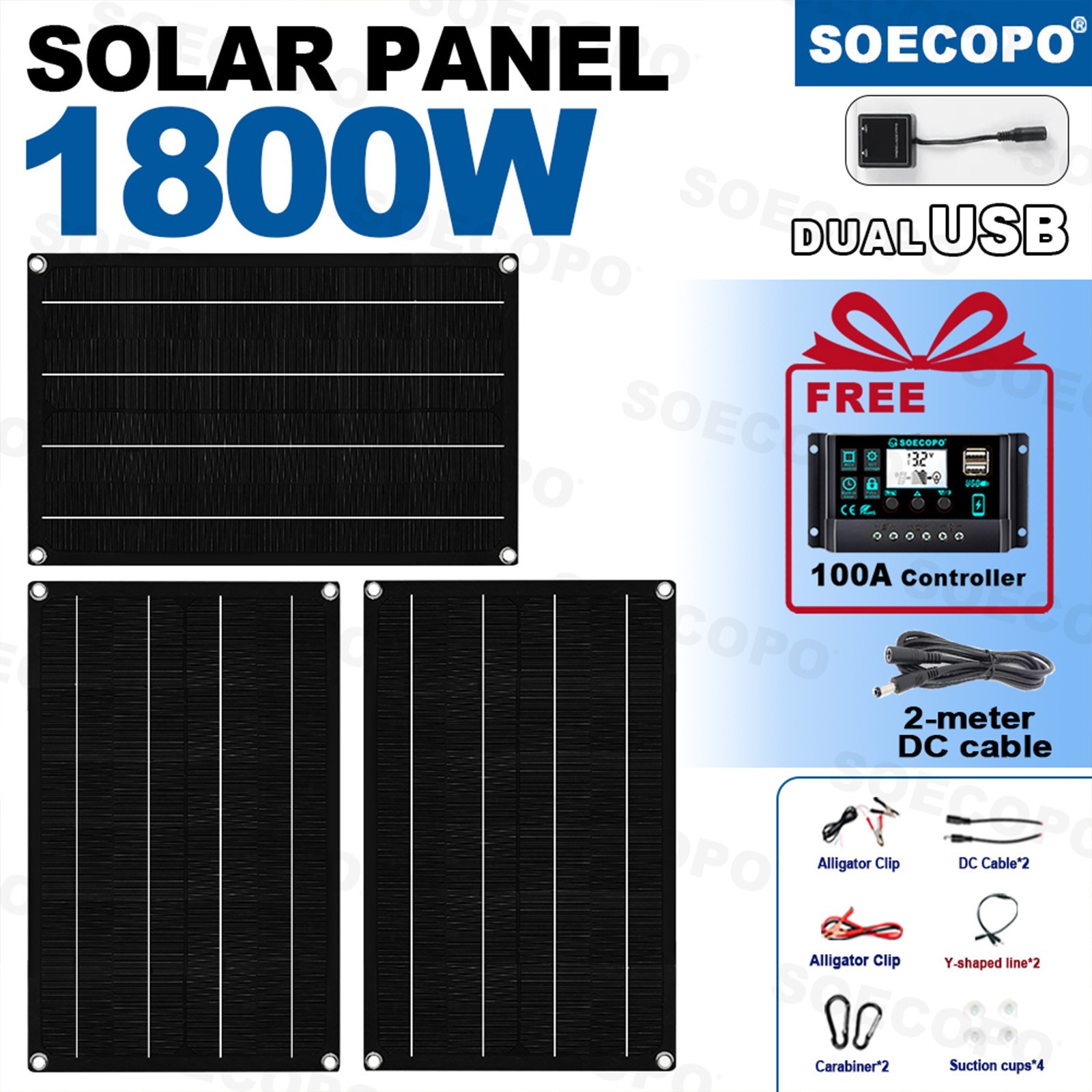 1800W RV Solar Panel Kit – 3 x 600W Flexible Panels + 100A Controller + Y-CablBq