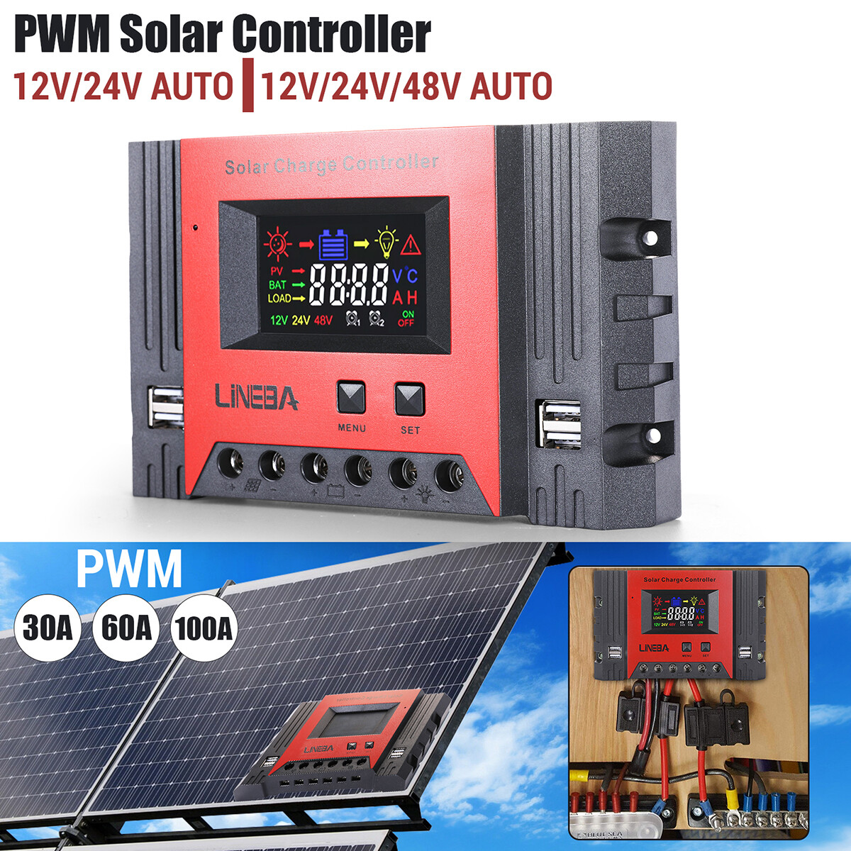 12V/24V/36V/48V 30-100A PWM Solar Charge Controller Panel Battery Regulator 4USB