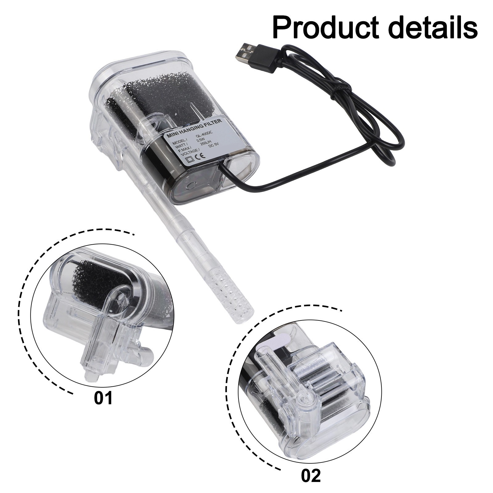 Aquatic Environment Enhancer Compact USB Wall Mounted Fish Tank Filter