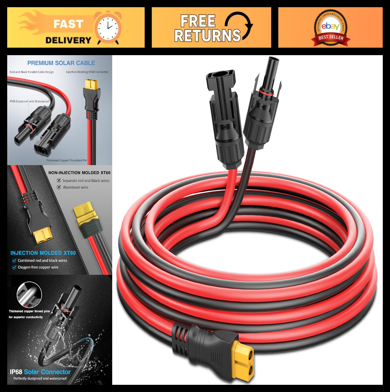 “9ft Solar Panel XT60 Charging Cable 12AWG – Extension Wire for Ecoflow Generato