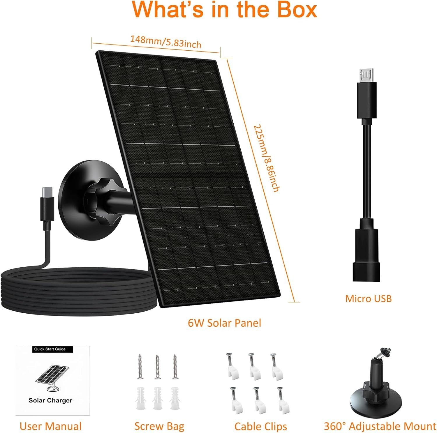 6W Solar Panel for Security Camera Outdoor, 5V USB/USB-C Solar Charger Compat…