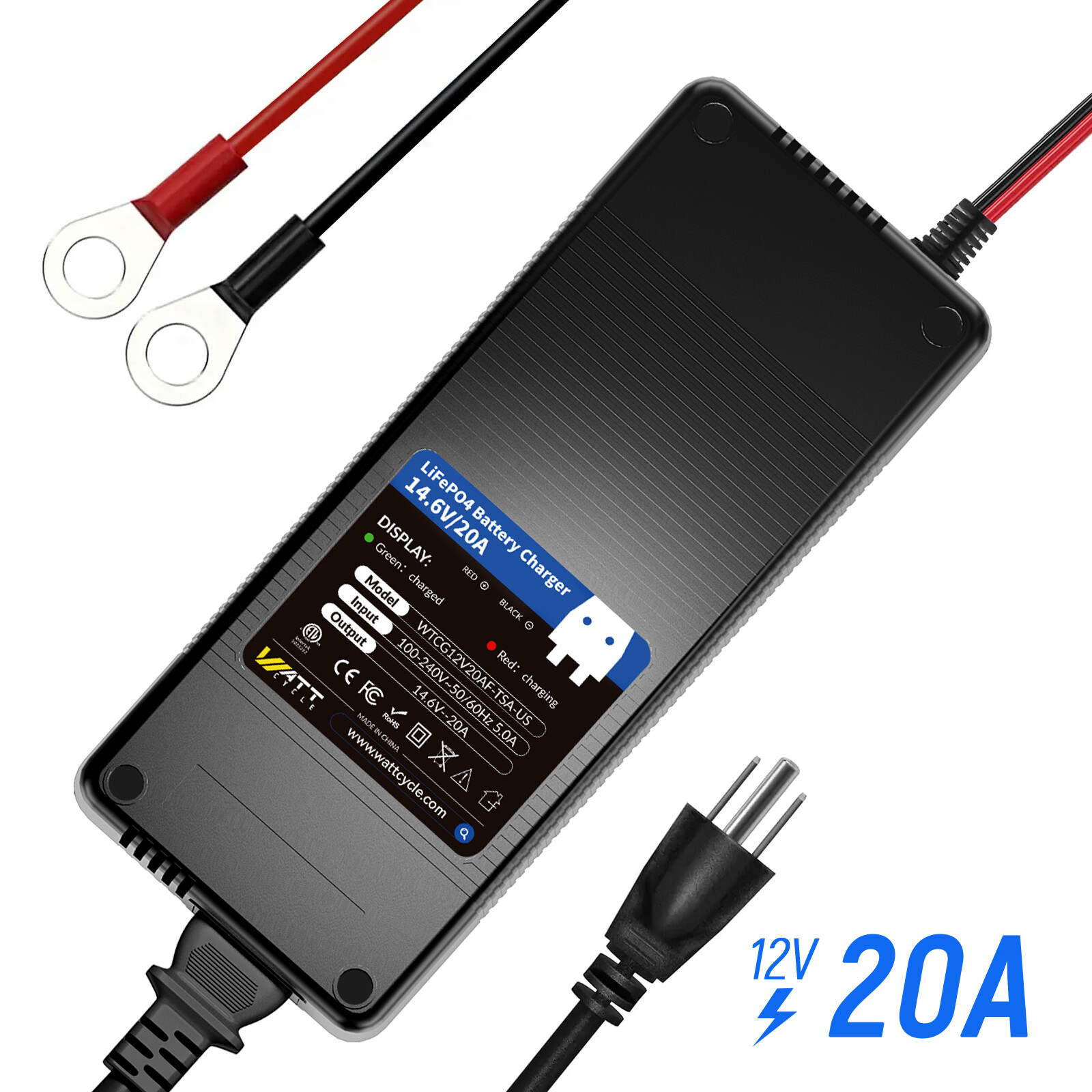 WattCycle 12V 20A Smart Lithium LiFePO4 Battery Charger for RV, Boat, Car Truck