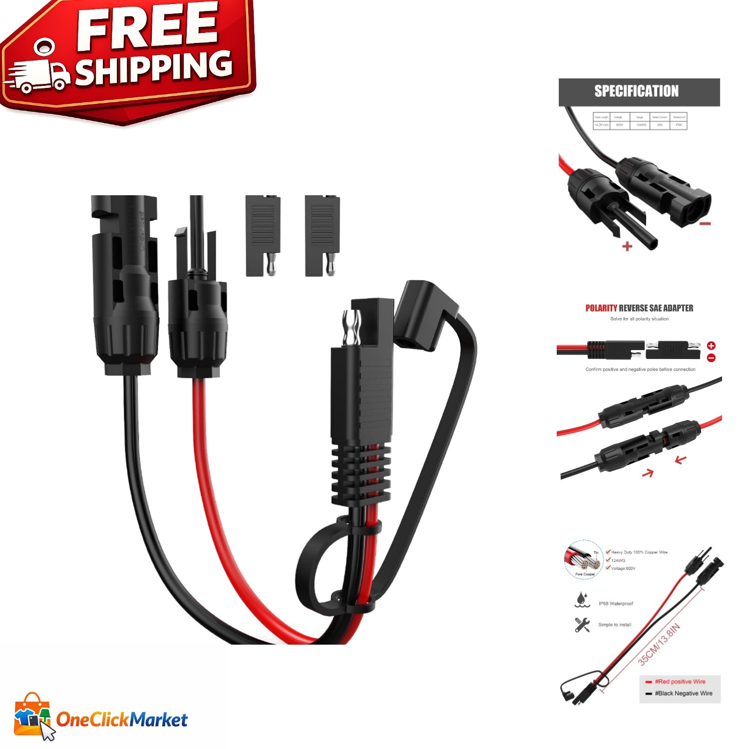 Plug and Play 10AWG Solar Extension Cable – 30cm SAE Connectors, Waterproof Cap