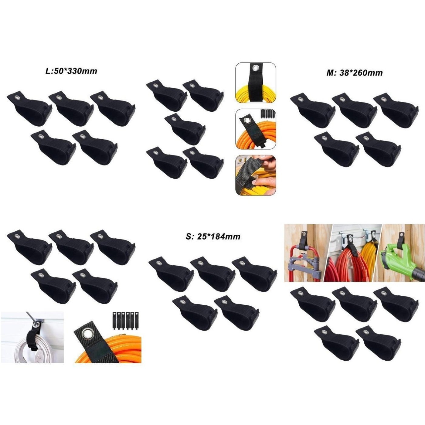 Set of 5 Black Storage Straps for Securing Cables in For Trucks Boats RVs