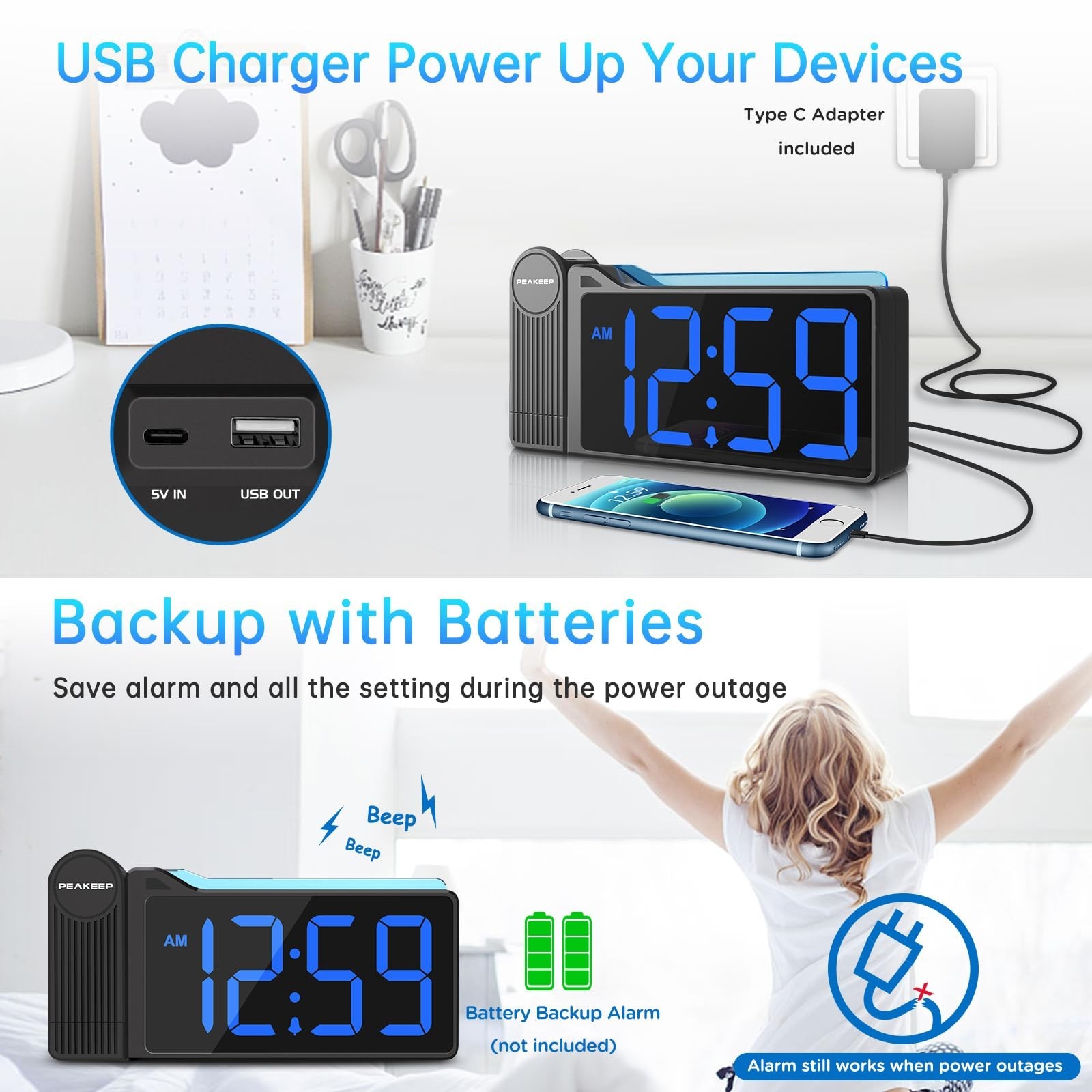 Peakeep Projection Alarm Clock for Bedroom Ceiling 180° Rotatable, Loud for