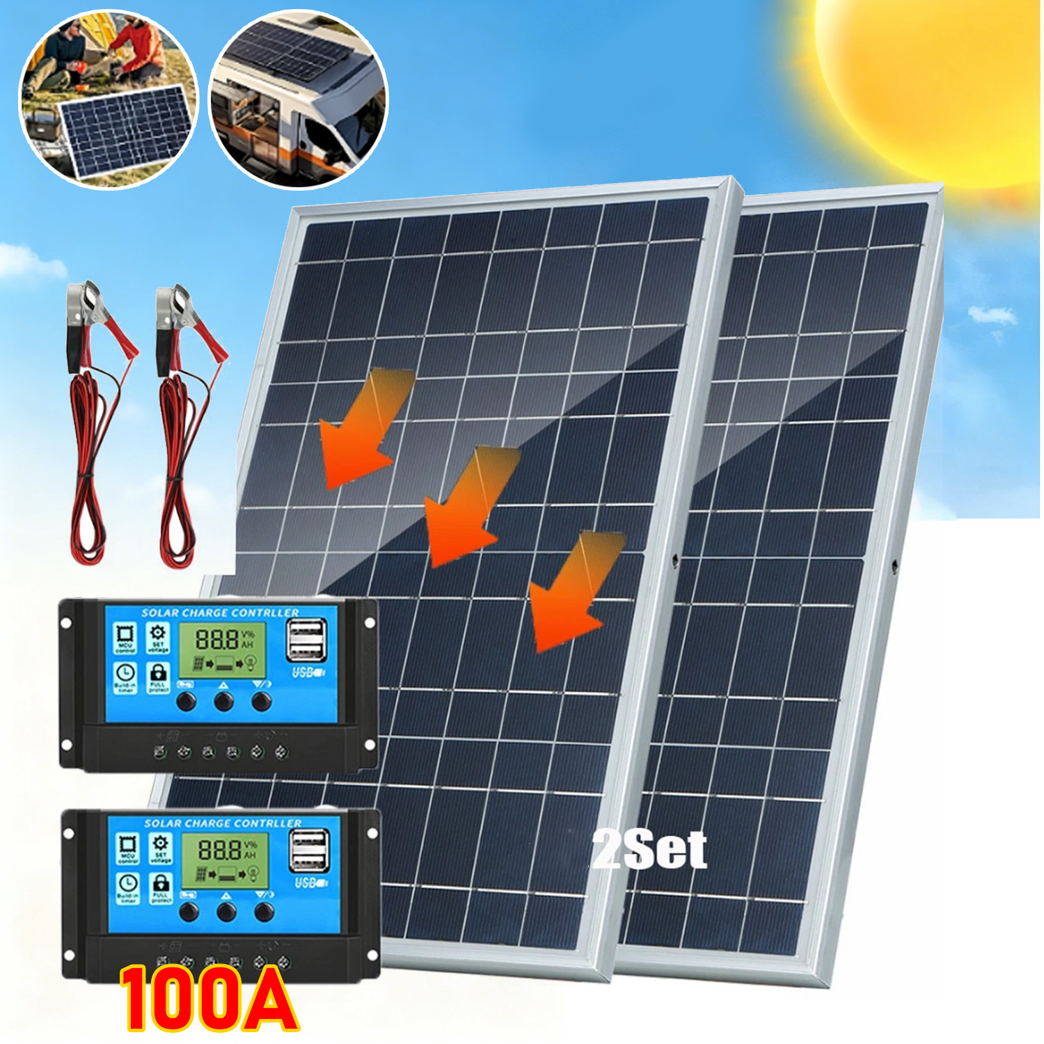 2PCS Solar Panel Trickle Charger 12V Solar Battery W/ 100A Controller Maintainer
