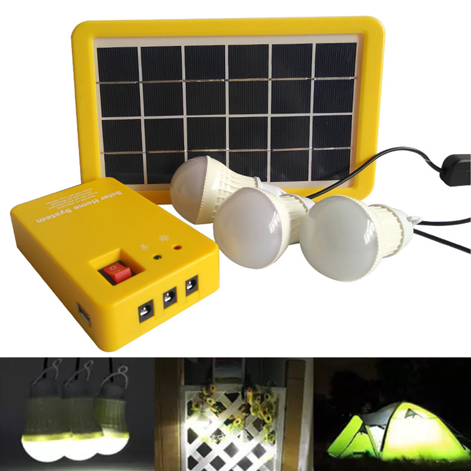 Solar Power Panel Generator Kit 5V USB Home System Charger 3 LED Bulbs Light