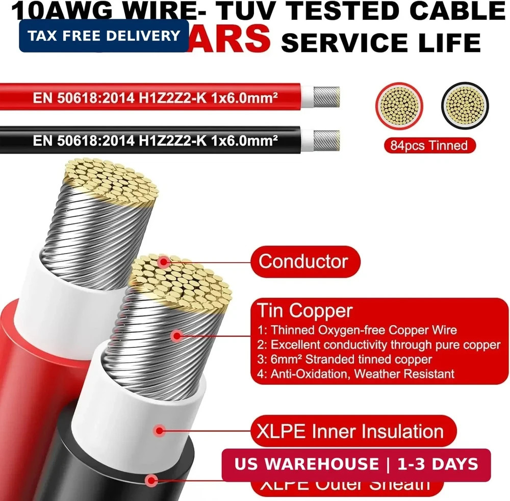 Oududianzi 2×100 Feet Solar Panel Wire, 10AWG Solar Wire Tinned Copper PV Cable