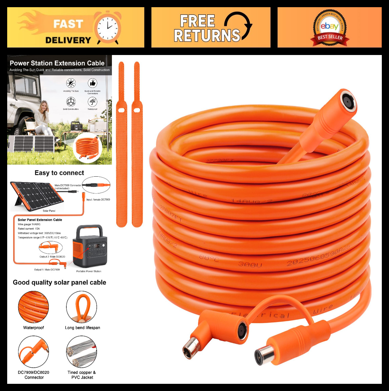 50FT 14AWG Solar Panel Extension Cable, DC7909 Male to Female, Compatible with P
