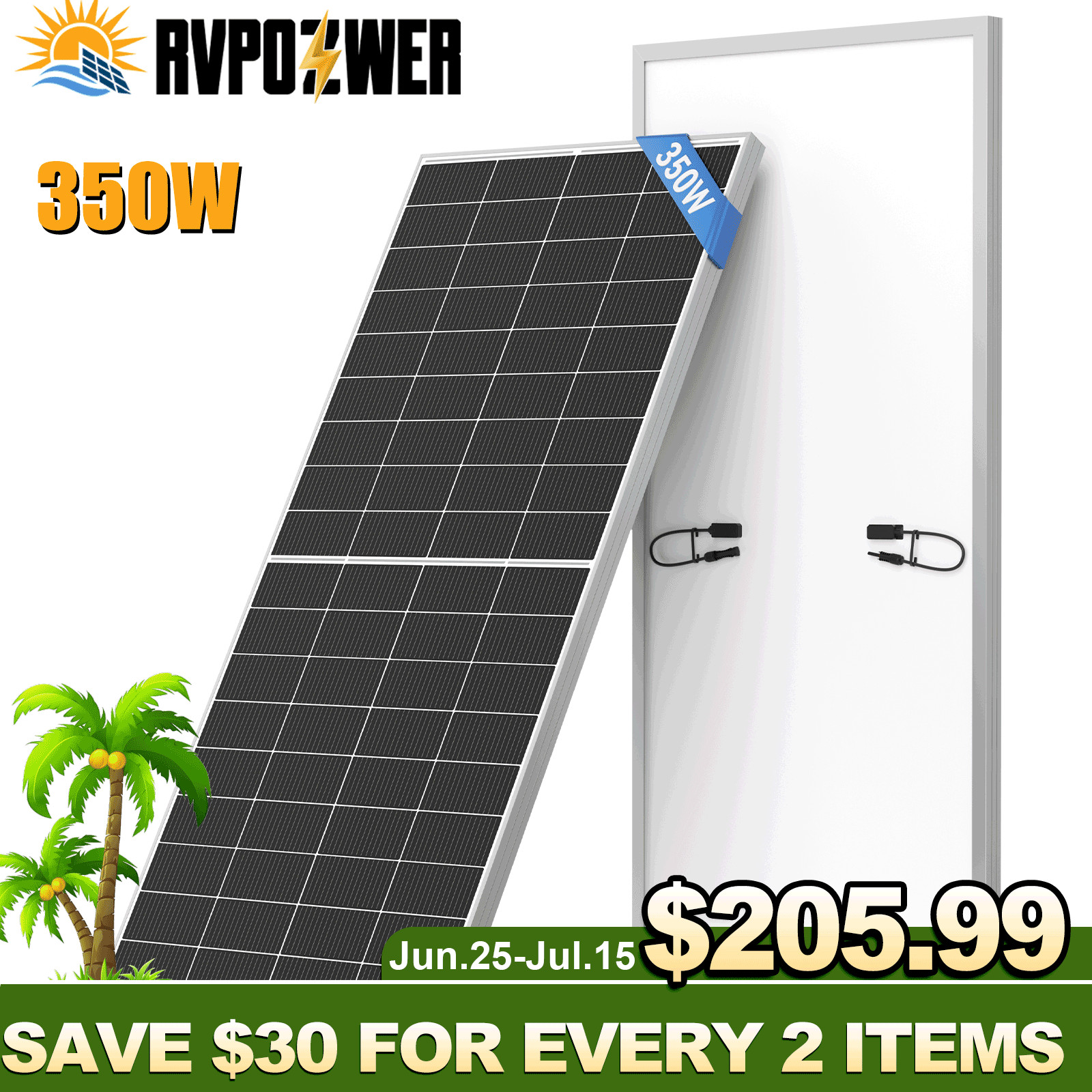 350W Solar Panel Mono Home Camping Home Off Grid Caravan Boat Charger Waterproof