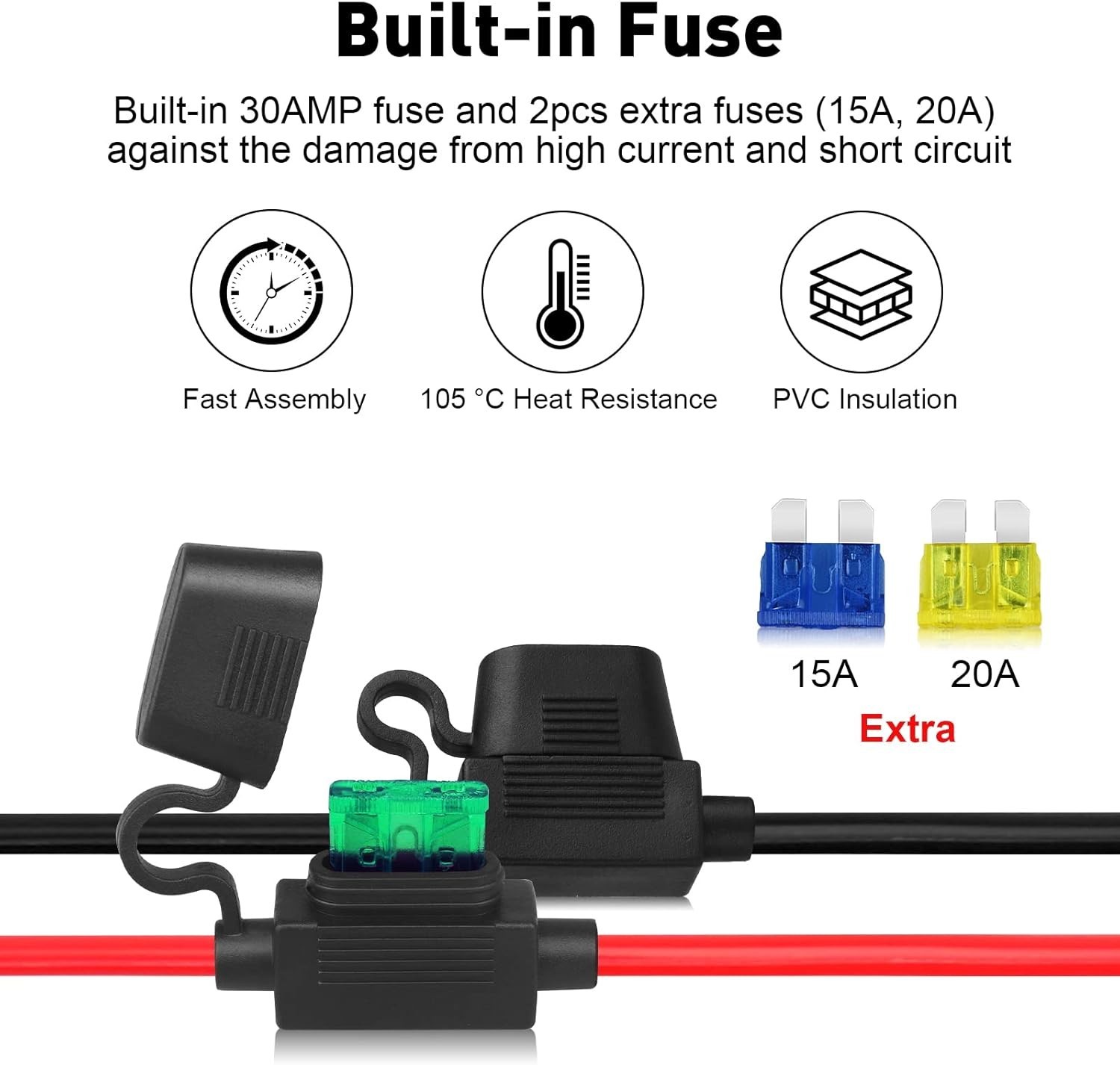 Heavy Duty 10AWG O Ring Terminal Cable with Fuse for Battery Charging 2Ft