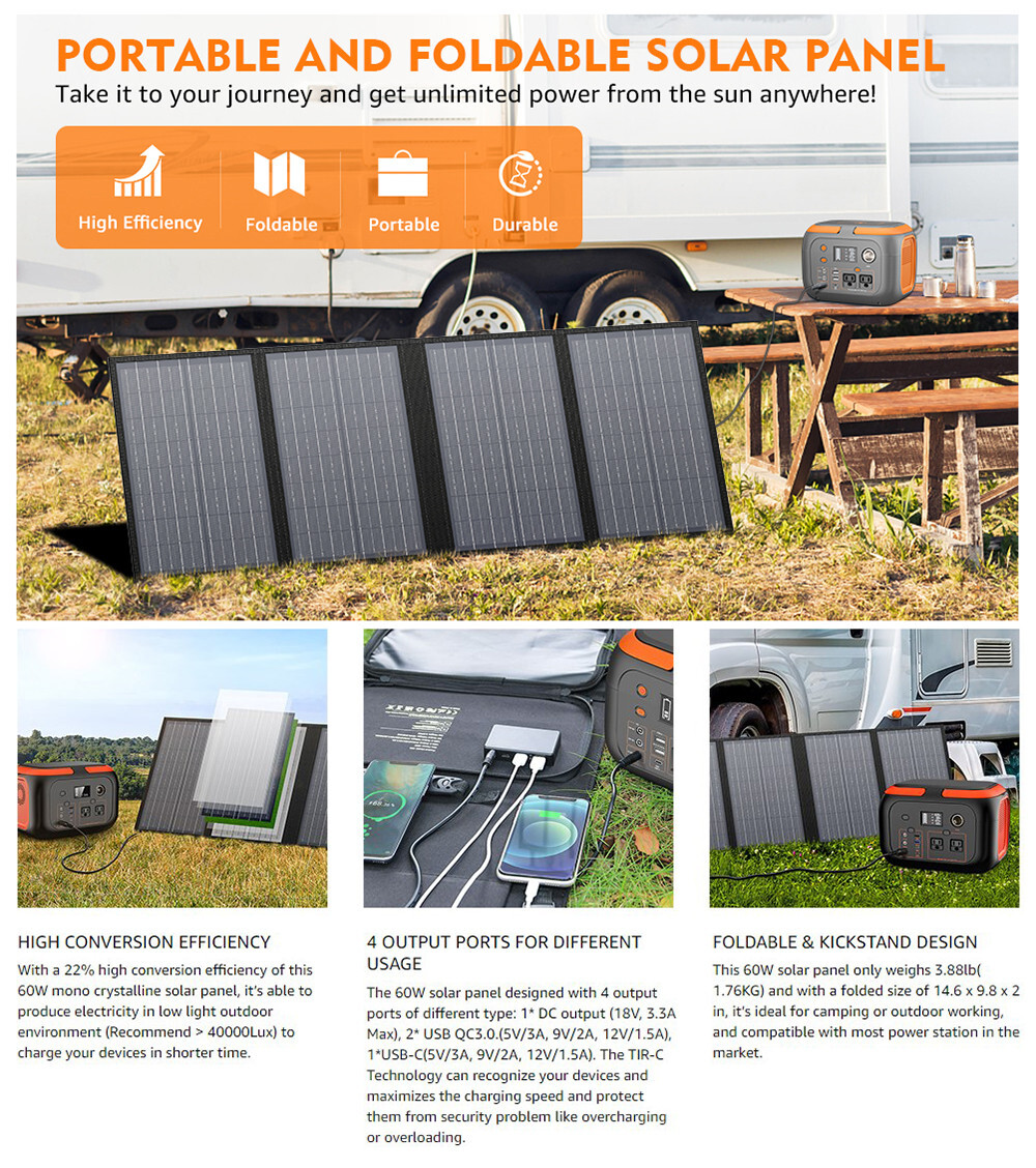 Portable Solar Panel 60W For Power Station Phone Outdoor Camping Trip Charging