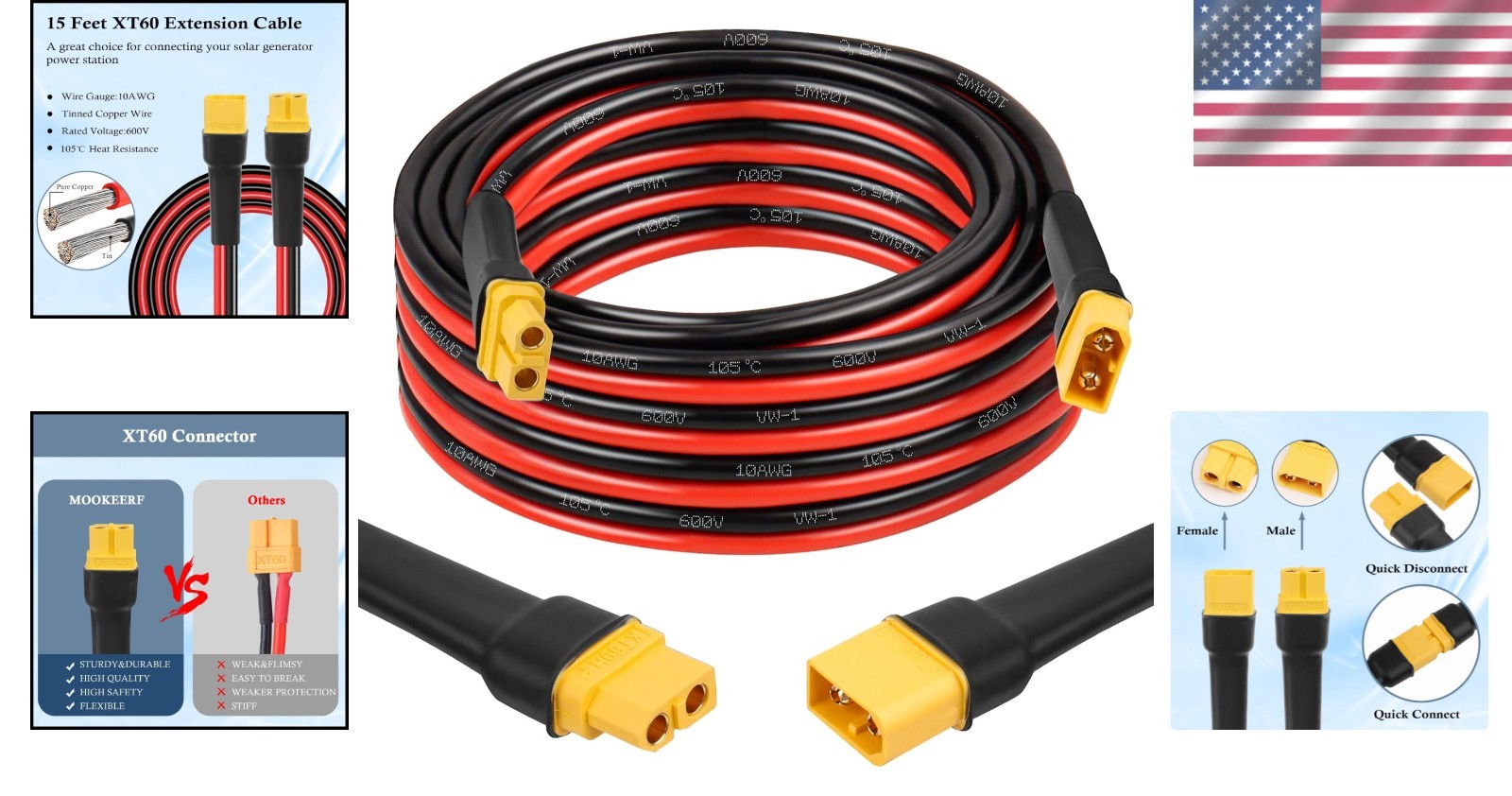 Reliable XT60 Adapter 10AWG 15FT Extension Cable Solar Panel