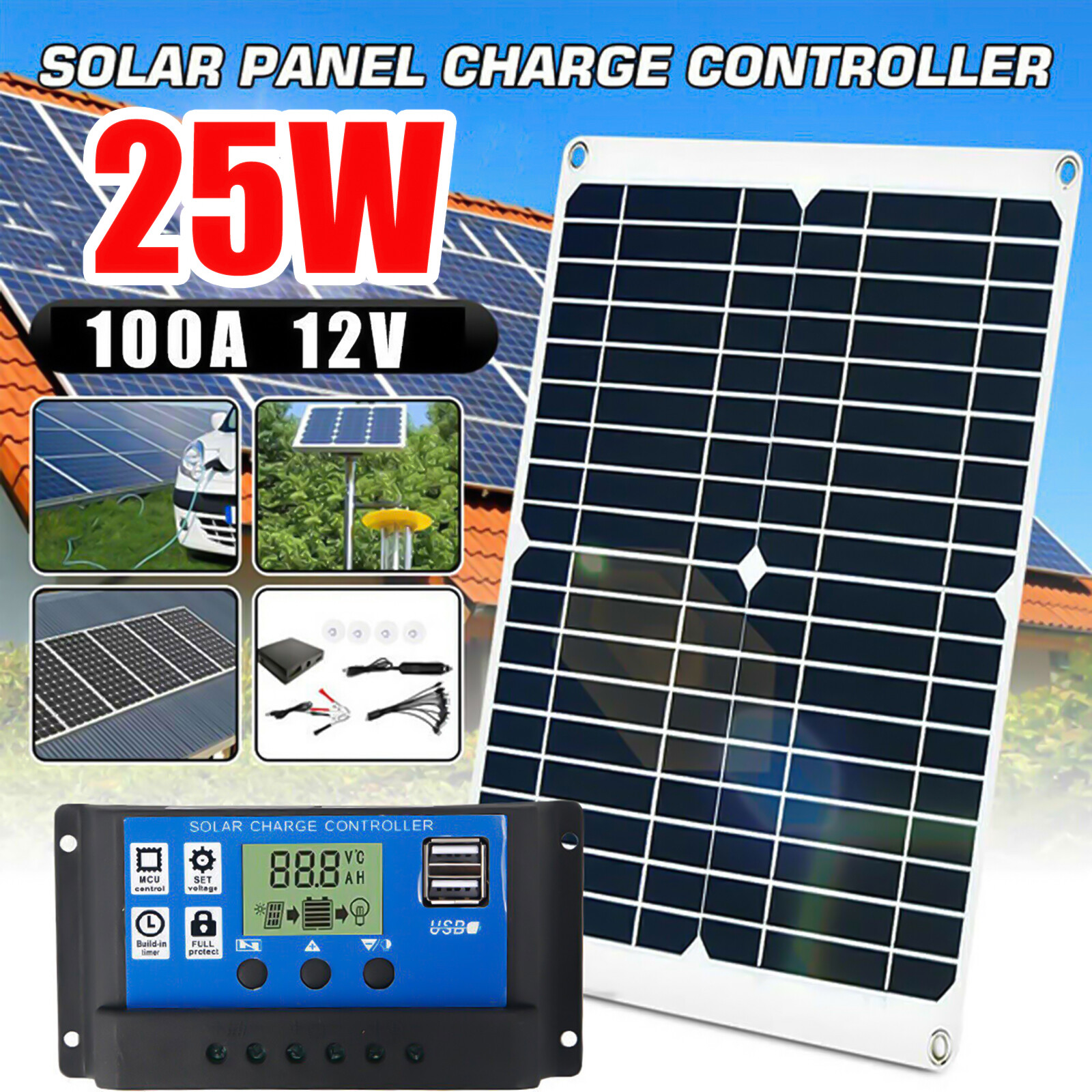 25W Solar Panel Kit 100A 12V battery Charger Controller Caravan Boat Outdoor RV