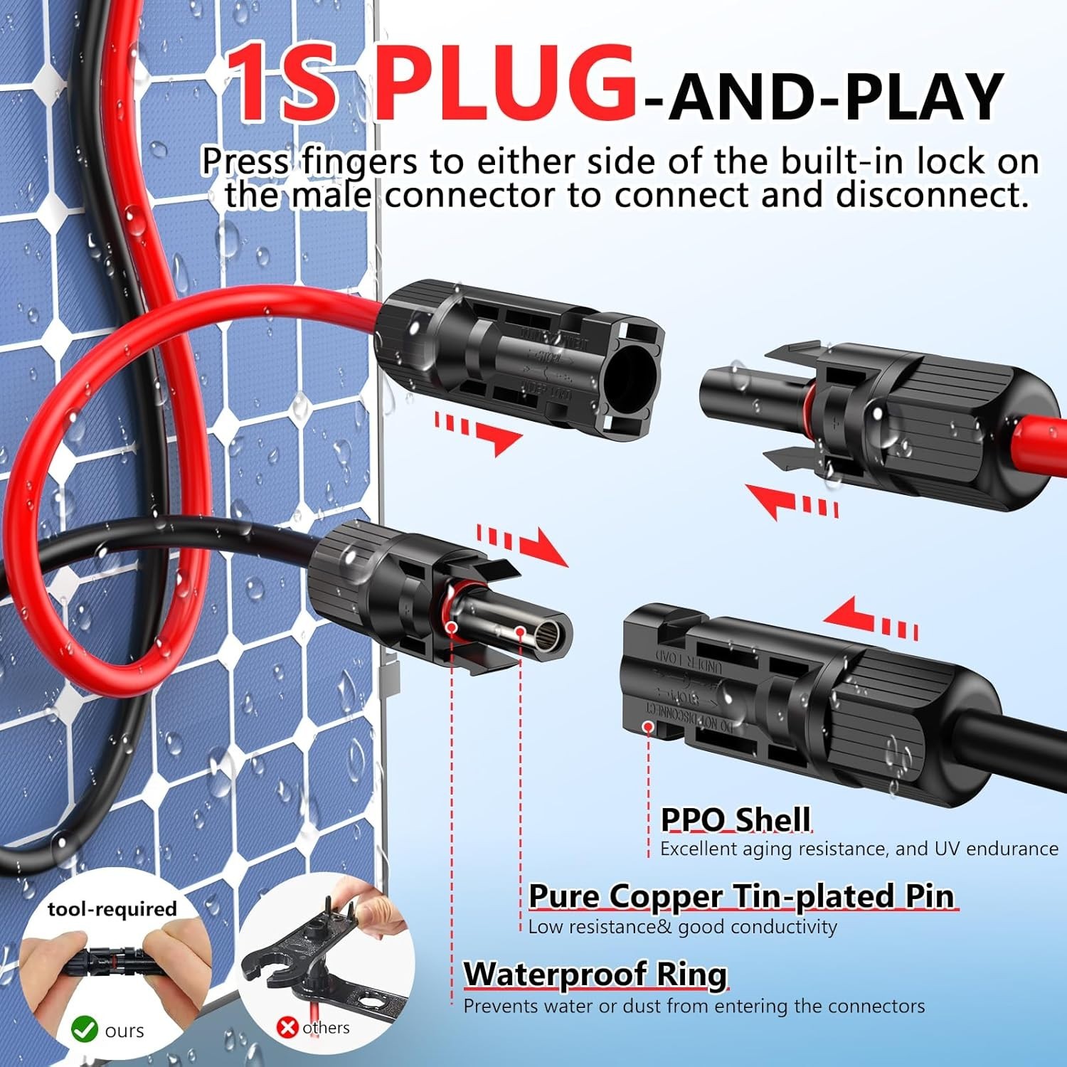 Solar Panel Extension Cable 50 Feet 10AWG Waterproof Female Male Connectors f…