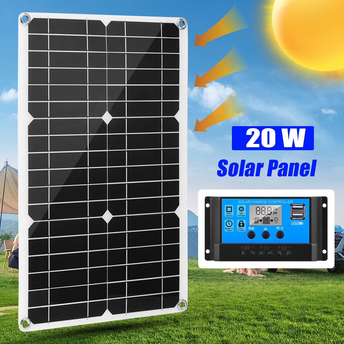 20W 12V Solar Panel Kit 12V Charging Off-Grid Battery Power RV Home Boat Camp